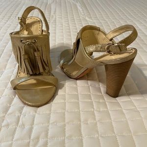 Coach gold high heeled leather fringed sandals